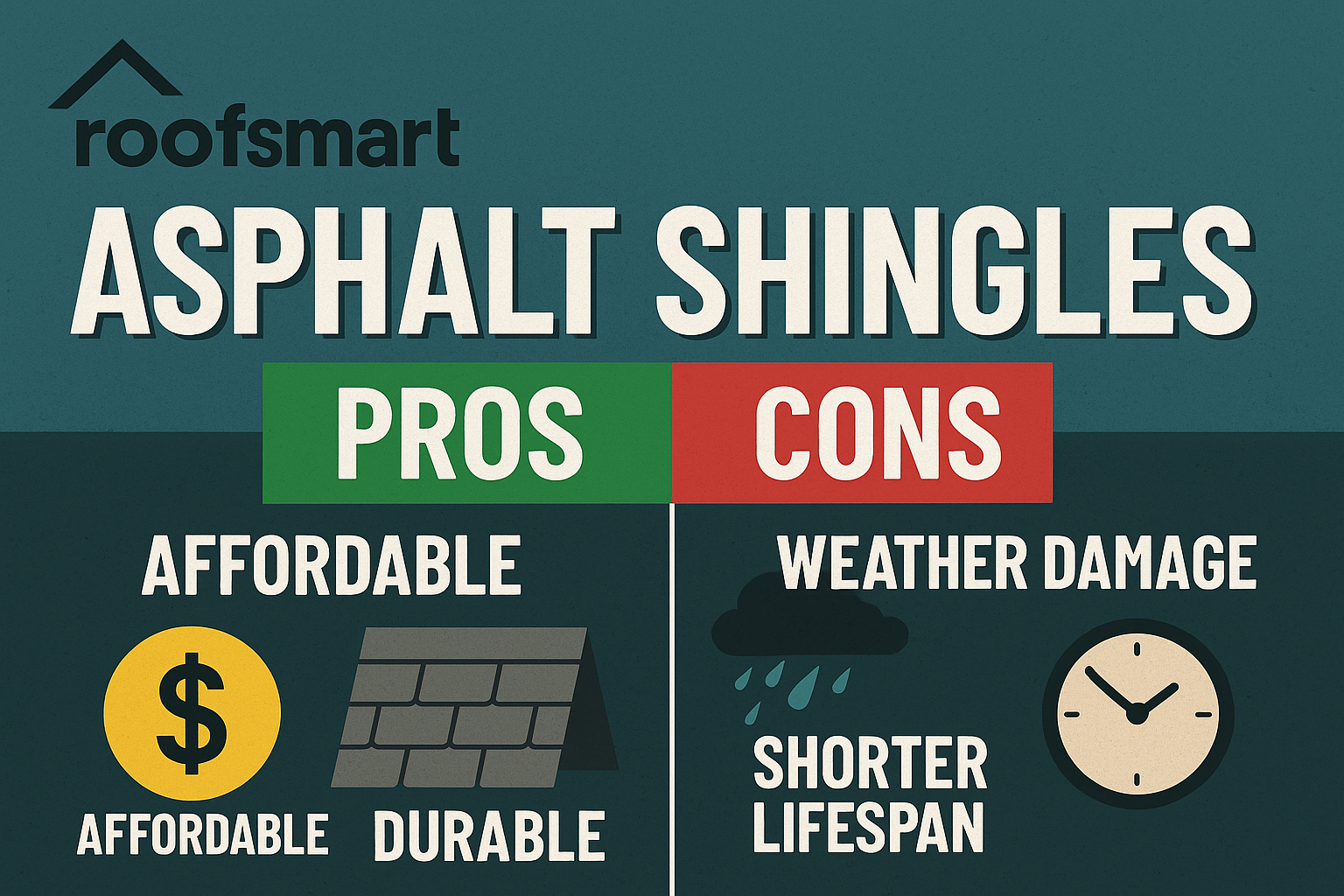In this YouTube video thumbnail roofsmart presents a visually engaging overview of the advantages and disadvantages of asphalt shingles a popular roofing material The design features eyecatching graphics that highlight key benefits such as affordabil-2