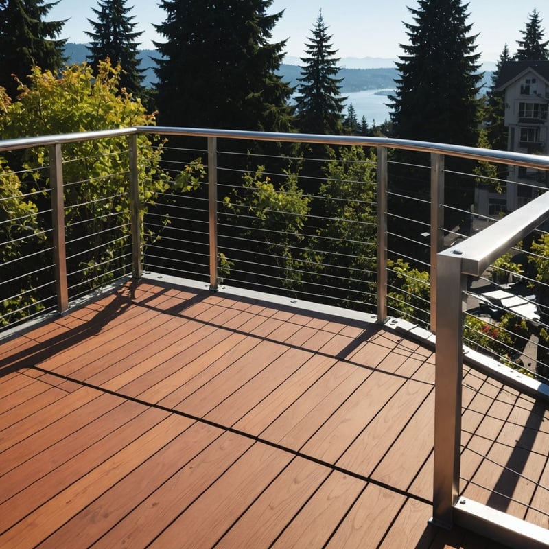 Rooftop deck railing in stainless steel cable in seattle sunny day deck made of IPE 2x2 tiles-1