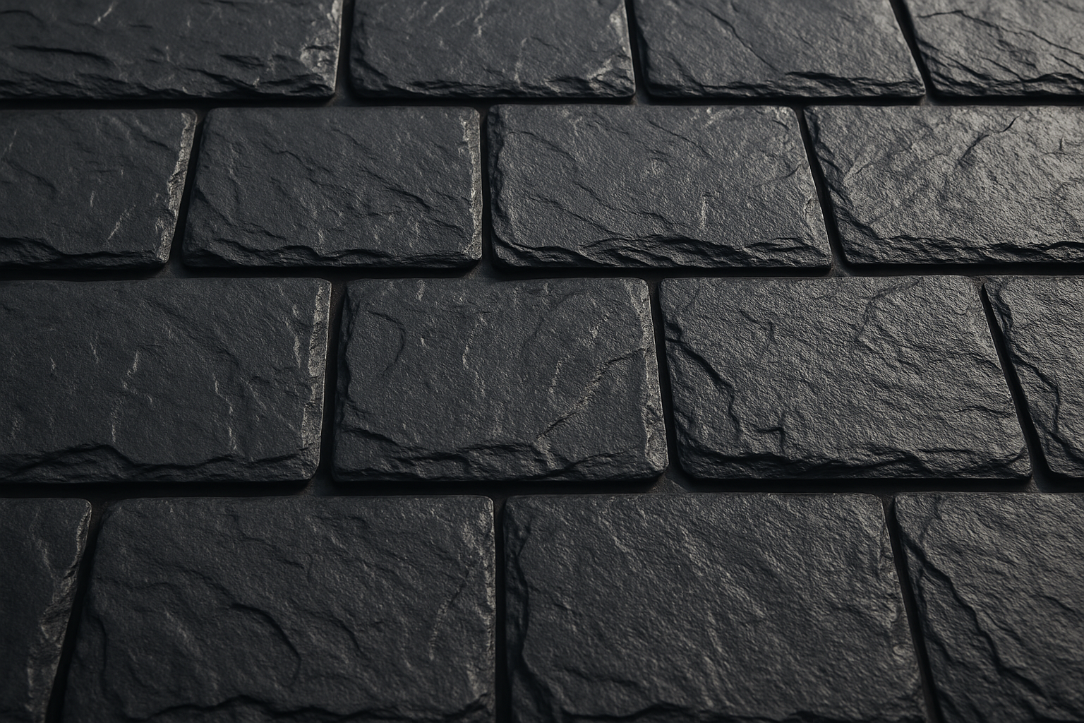 The image features a closeup view of Euroshield Rundle Slate showcasing its rich dark gray hue and textured surface The slates intricate patterns and natural variations create a visually appealing aesthetic highlighting its durability and sophisticat