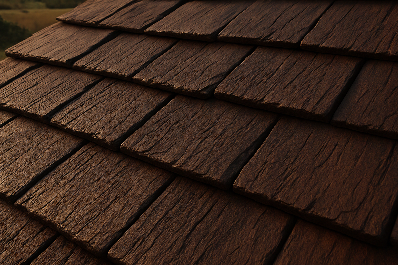 The image features a detailed closeup of a ranchland landscape showcasing the Euroshield roofing material in a rich dark brown hue This closeup emphasizes the textured surface of the Euroshield highlighting its robust natural appearance that mimics t-1