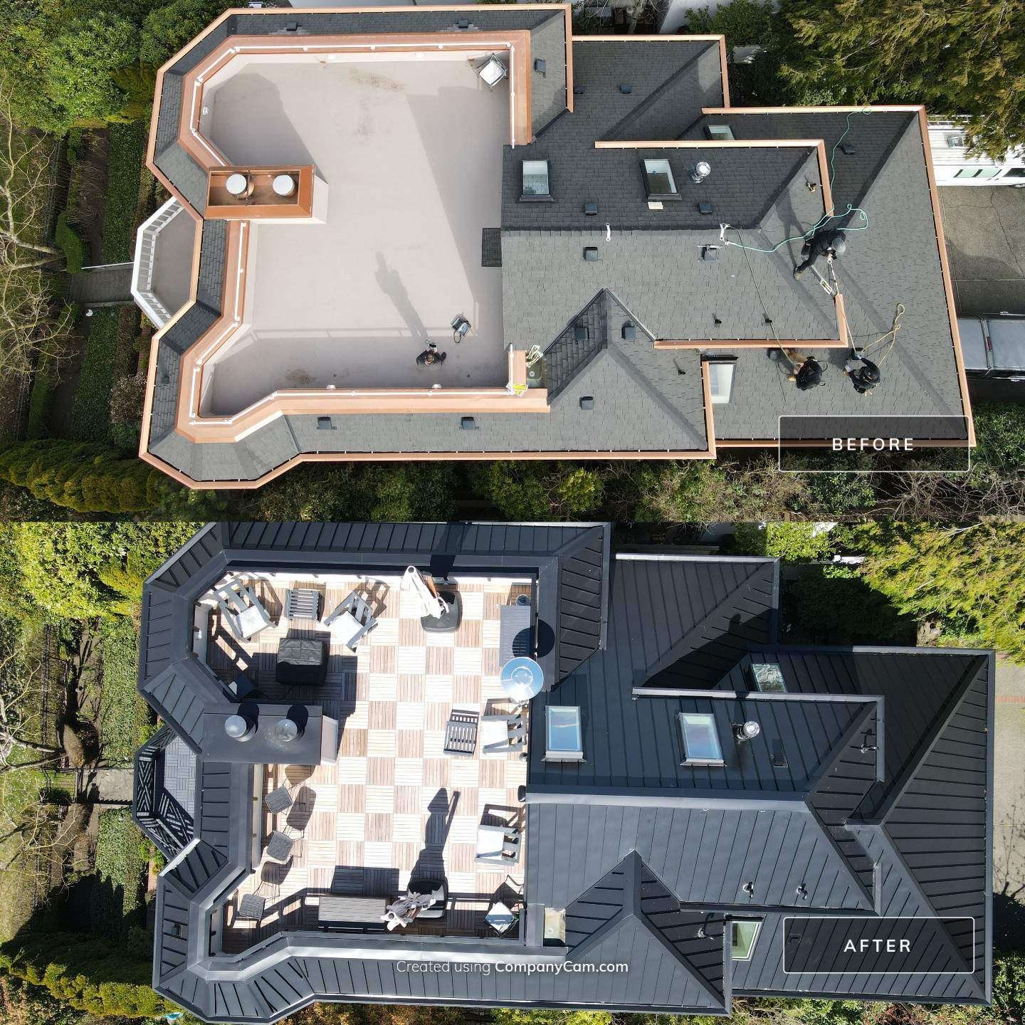 Before and after of metal roof replacement in Seattle
