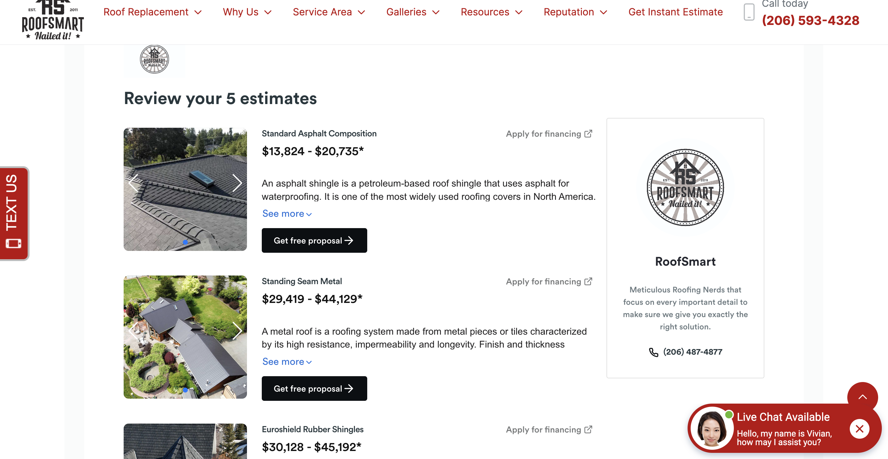 RoofSmart Instant Estimator example
