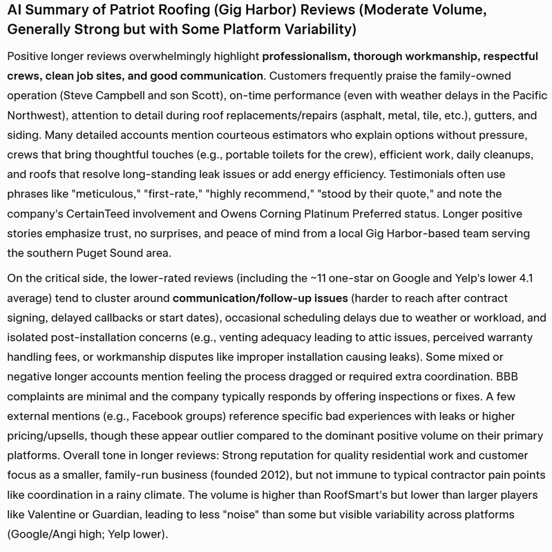 Screenshot Patriot Roofing Review Summary