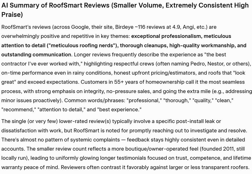 Screenshot RoofSmart Reviews Summary