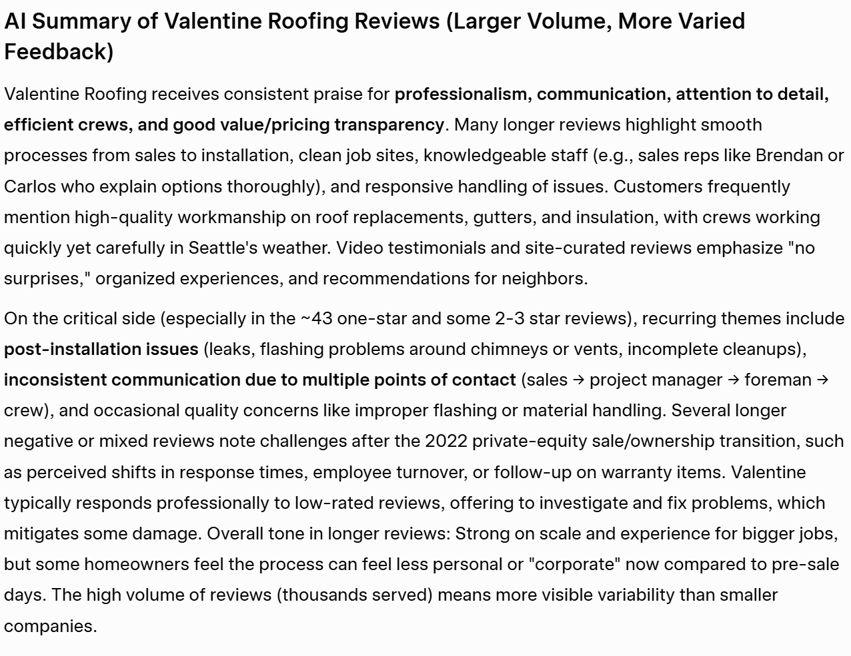Screenshot Valentine Review Summary
