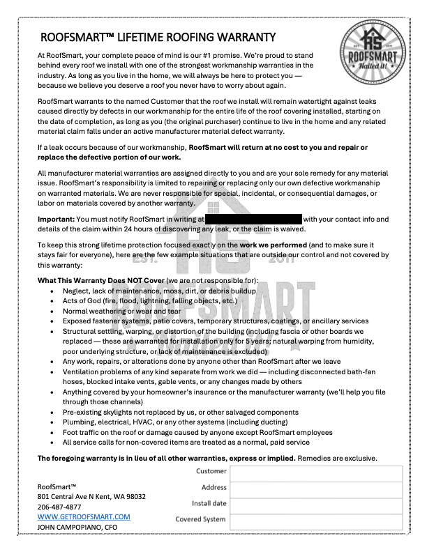 RoofSmart Lifetime Warranty 2026