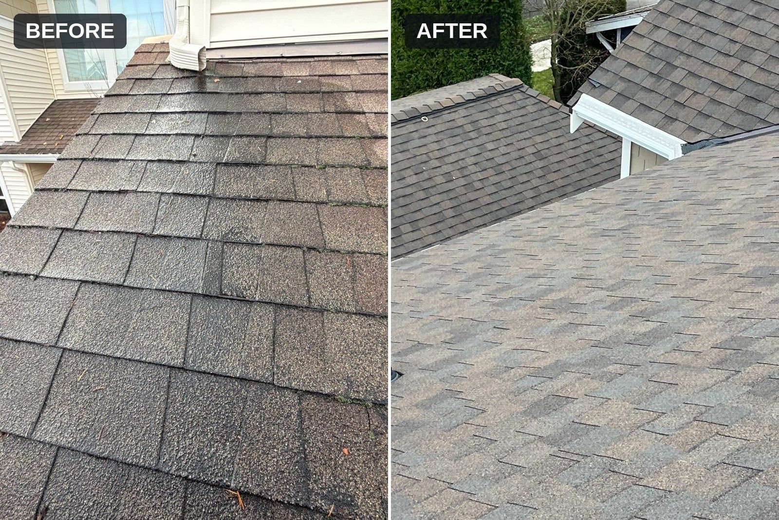 Before and after: close view of an old shingle roof replaced with CertainTeed Landmark Flex shingles in Heather Blend on an Auburn, WA home