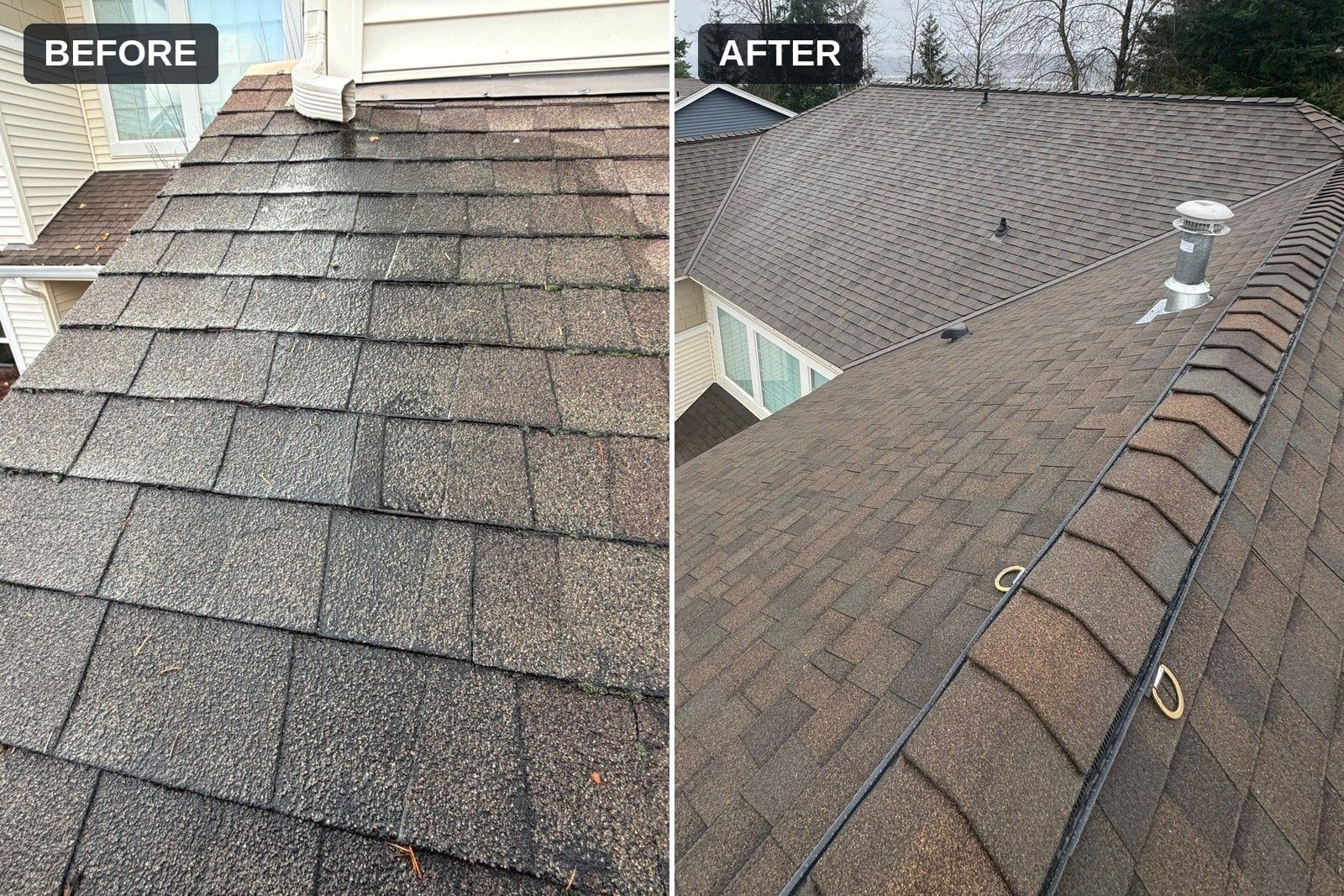 Before and after: old shingle roof replaced with CertainTeed Landmark Flex shingles in Heather Blend on an Auburn, WA home