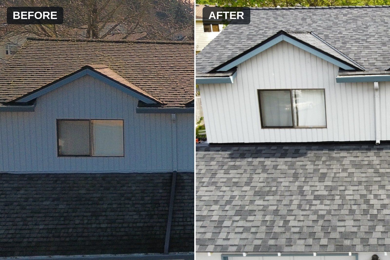 Before and after: mossy old shingle roof replaced with CertainTeed NorthGate shingles in Max Def Moire Black on an Auburn, WA home