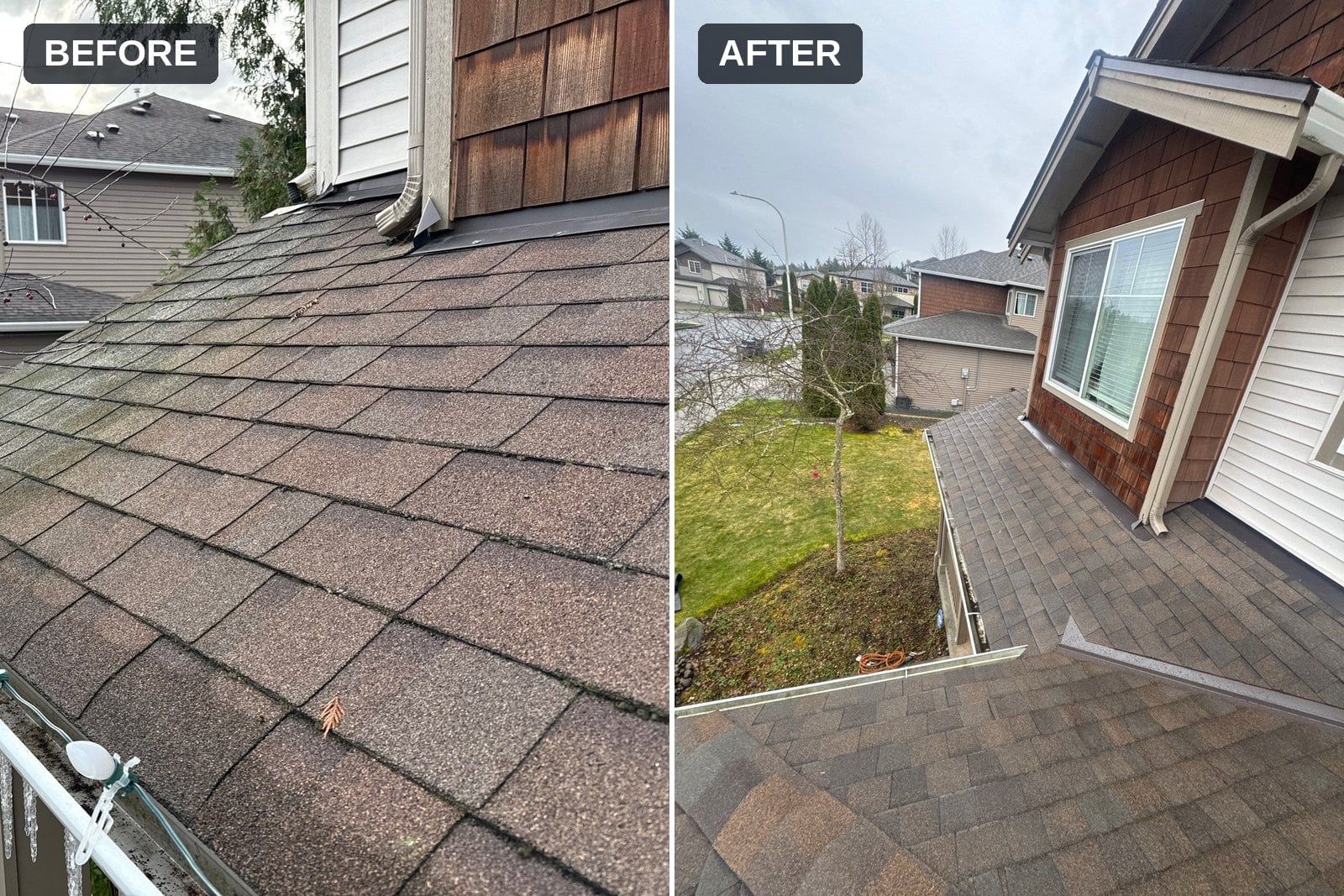 Before and after: old shingle roof beside a cedar-sided wall replaced with a CertainTeed Landmark Flex roof in Heather Blend on an Auburn, WA home