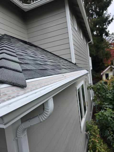 Mesh gutter guard installed on the eave of a gray shingle roof with a white gutter during a RoofSmart project
