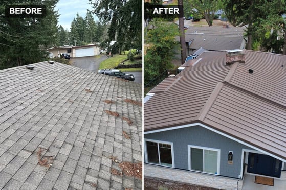 Before and after: aging asphalt shingle roof replaced with a bronze 24-gauge steel standing seam roof in Tacoma