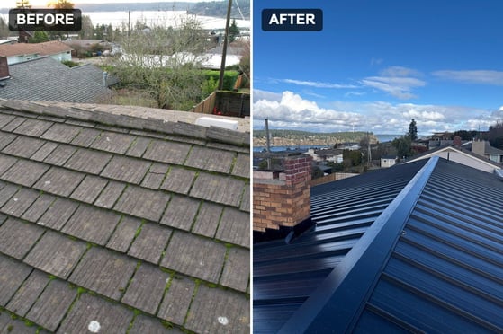 Before and after: worn tile roof replaced with an aluminum standing seam metal roof on a Tacoma home