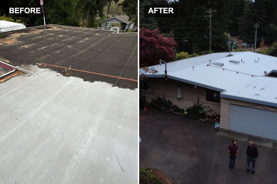 Before and after: worn flat roof replaced with a white PVC membrane roof on a Tacoma home