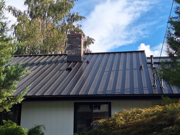 Dark standing seam metal roof with a brick chimney, seen from below the eave on a sunny day