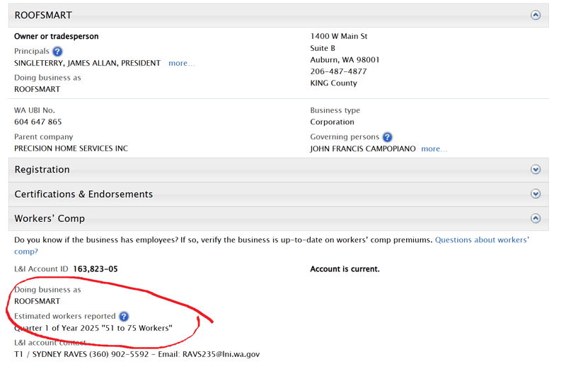 Worker's Comp Evidence of Employees for RoofSmart