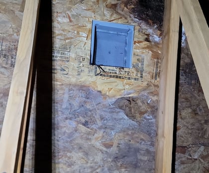Attic roof sheathing darkened by mold around a roof vent opening between the rafters